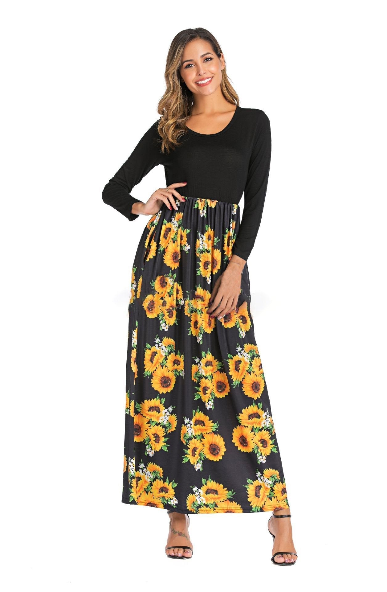 Women Long Sleeve Loose Pockets Long Dresses